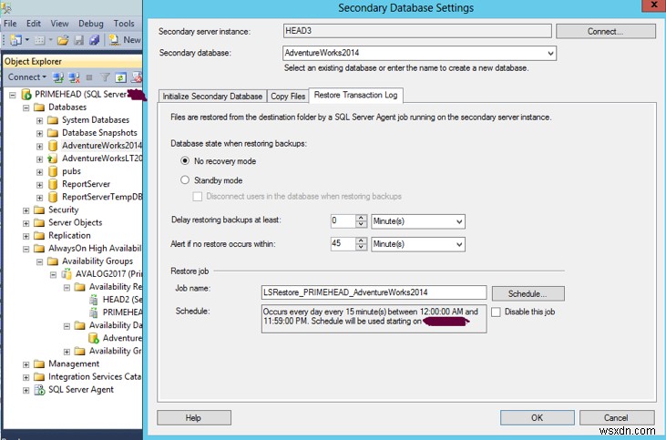 Microsoft SQL सर्वर मौजूदा ऑलवेजऑन डेटाबेस पर शिपिंग लॉग करता है 