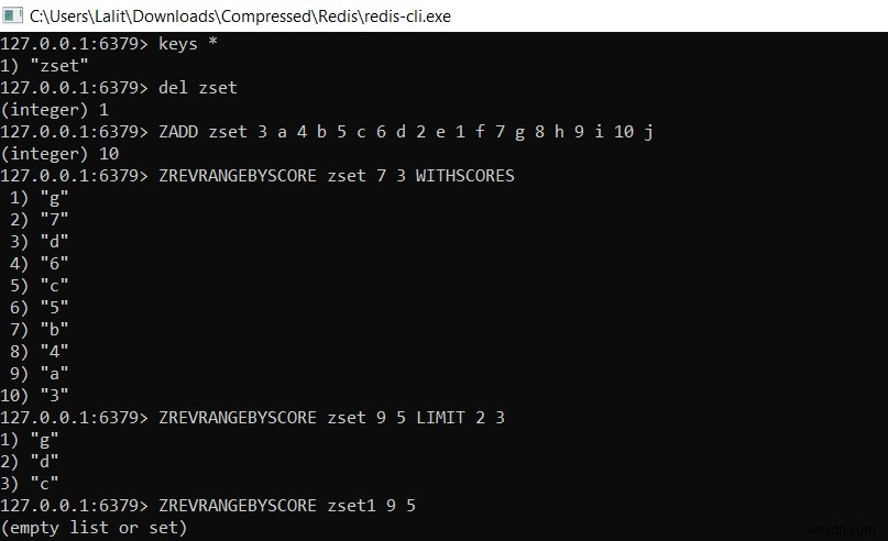 Redis ZREVRANGEBYSCORE - स्कोर रेंज द्वारा और विवरण क्रम में क्रमबद्ध सेट के तत्व कैसे प्राप्त करें 