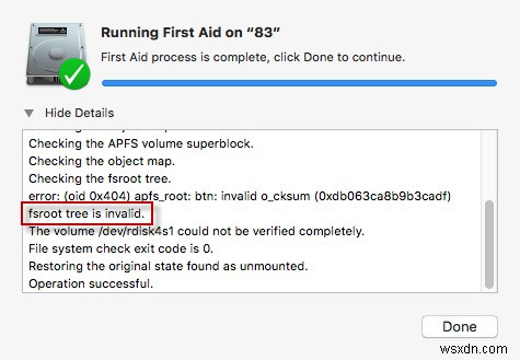 APFS को ठीक करें fsroot ट्री macOS में fsroot ट्री की जाँच करते समय अमान्य है