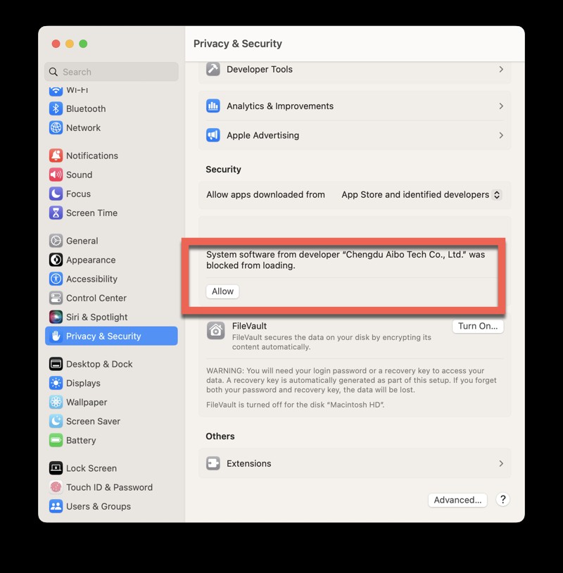 मैक के लिए iBoysoft डेटा रिकवरी के सिस्टम एक्सटेंशन को Apple Silicon के साथ Mac पर लोड होने दें