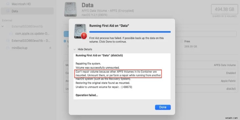 वॉल्यूम की मरम्मत नहीं कर सकता क्योंकि इसके कंटेनर में अन्य APFS वॉल्यूम माउंट किए गए हैं, बिना डेटा हानि के इसे कैसे ठीक करें?