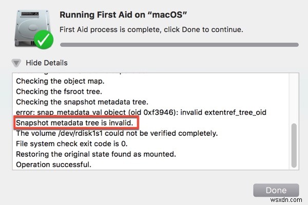 अवैध स्नैपशॉट मेटाडेटा ट्री/APFS स्नैपशॉट त्रुटि को कैसे ठीक करें?