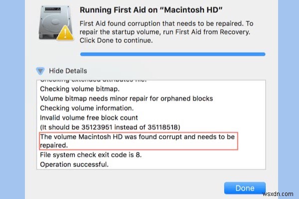 समाधान:वॉल्यूम Macintosh HD दूषित पाया गया था और इसे सुधारने की आवश्यकता है