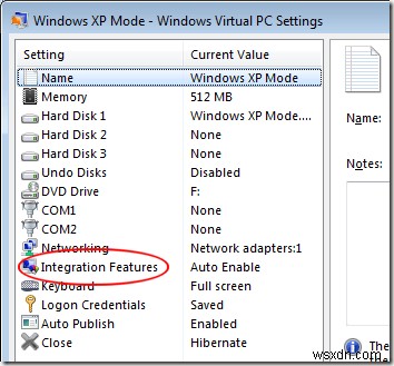 XP मोड वर्चुअल मशीन के लिए एकीकरण सुविधाएँ सक्षम करें 