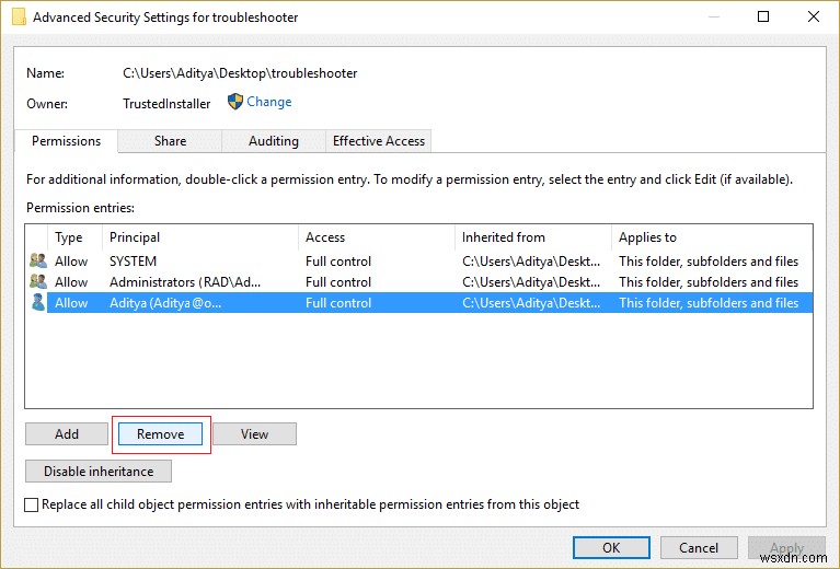 Windows 10 में TrustedInstaller को फ़ाइल स्वामी के रूप में पुनर्स्थापित करें 