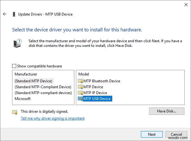 MTP USB डिवाइस ड्राइवर इंस्टॉलेशन को ठीक करें विफल 