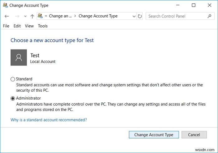 Windows 10 में उपयोगकर्ता खाता प्रकार कैसे बदलें