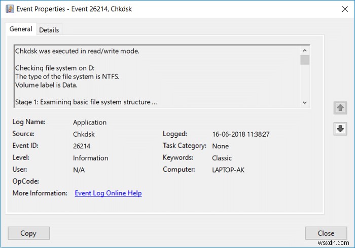 विंडोज 10 में Chkdsk के लिए इवेंट व्यूअर लॉग पढ़ें 