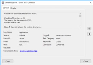 विंडोज 10 में Chkdsk के लिए इवेंट व्यूअर लॉग पढ़ें 