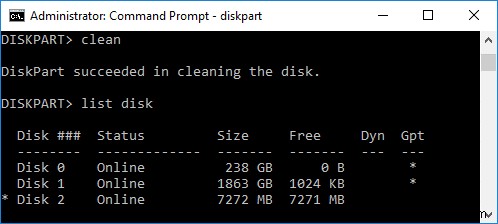 विंडोज 10 में डिस्कपार्ट क्लीन कमांड का उपयोग करके डिस्क को साफ करें 