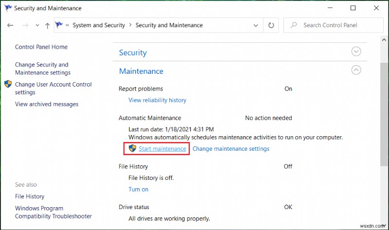 Windows 10 में मैन्युअल रूप से स्वचालित रखरखाव प्रारंभ करें 