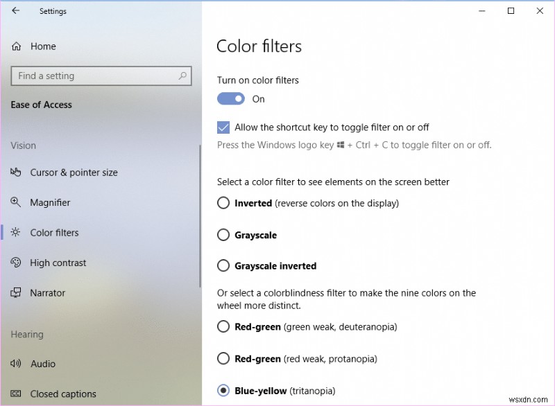 विंडोज 10 में कलर फिल्टर्स को इनेबल या डिसेबल करें 