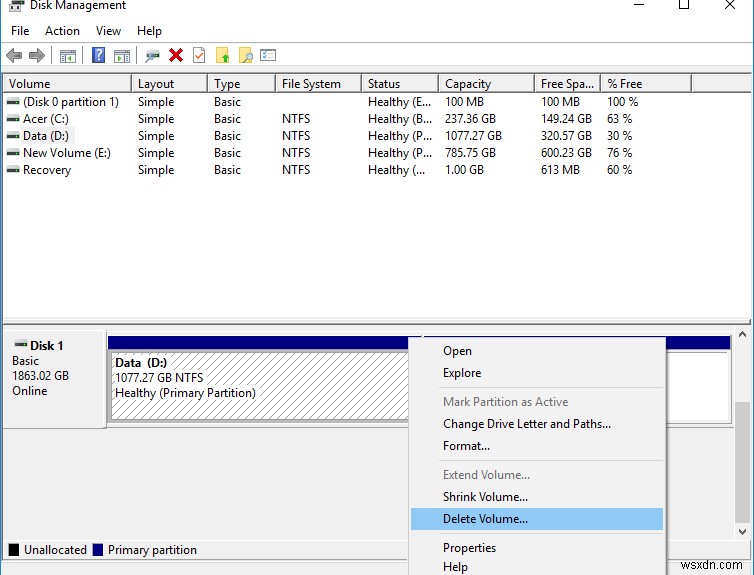विंडोज 10 में वॉल्यूम या ड्राइव पार्टीशन कैसे डिलीट करें 