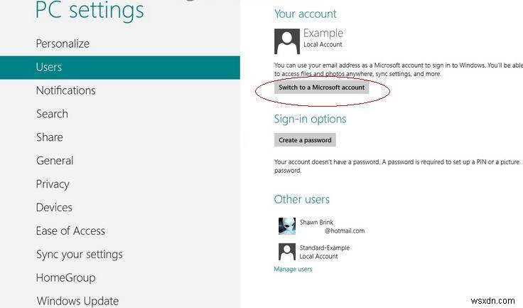 Windows 8 में Microsoft खाते और स्थानीय खाते के बीच स्विच करें