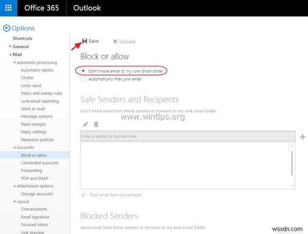 आउटलुक मेल में जंक ईमेल फ़िल्टर को अक्षम कैसे करें (Outlook.com, Office365)