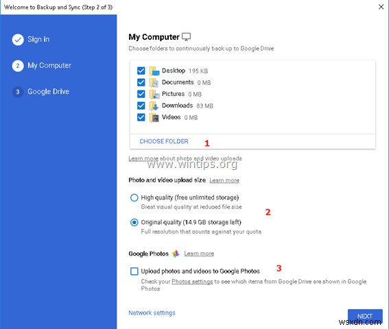 Google डिस्क में अपनी फ़ाइलों का बैकअप लेने के लिए Google बैकअप और सिंक का उपयोग कैसे करें।