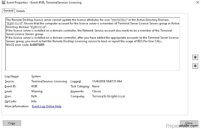 FIX इवेंट ID 4105:दूरस्थ डेस्कटॉप लायसेंस सर्वर सक्रिय निर्देशिका डोमेन में उपयोगकर्ता के लिए लायसेंस विशेषताएँ अद्यतन नहीं कर सकता। 