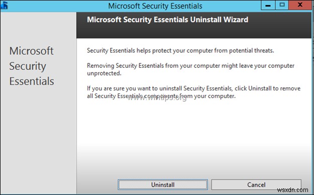 Microsoft Security Essentials को सर्वर 2012/2012R2 से अनइंस्टॉल कैसे करें (फिक्स त्रुटि 0x8004FF04)।