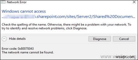 FIX:सर्वर 2016/2012 में वेब क्लाइंट सेवा अनुपलब्ध (त्रुटि 0x80070043 ठीक करें:Windows SharePoint साइट तक नहीं पहुँच सकता)। 