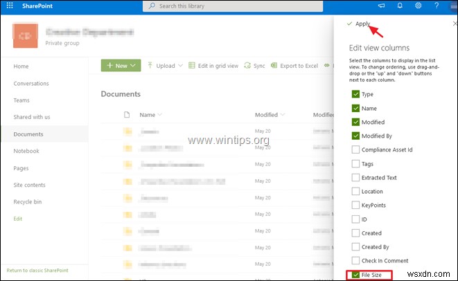 SharePoint ऑनलाइन फ़ोल्डर और फ़ाइल का आकार कैसे देखें।