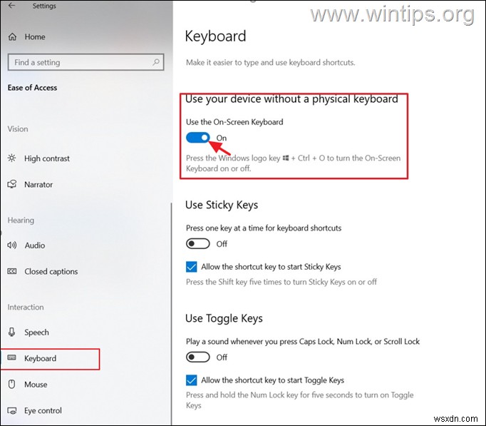 Windows 10 पर ऑन-स्क्रीन कीबोर्ड को सक्षम-अक्षम कैसे करें।