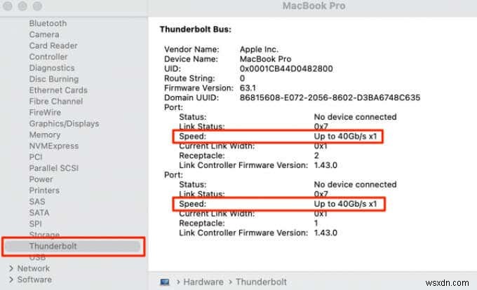 अपने Mac पर सभी USB-C पोर्ट की गति कैसे पता करें