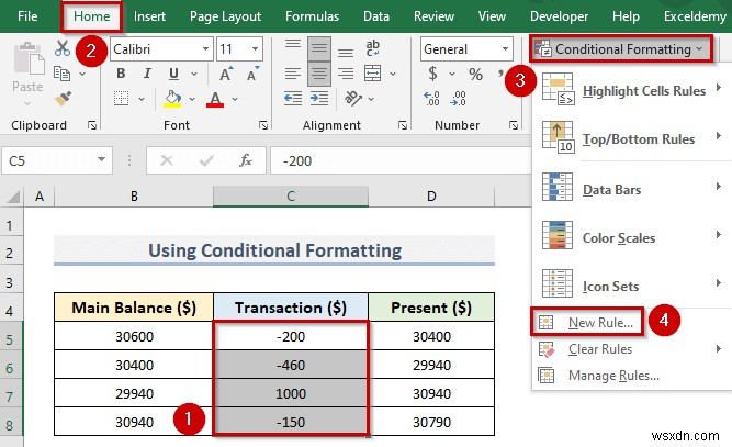 Excel में ऋणात्मक संख्याओं को लाल कैसे करें (4 आसान तरीके)