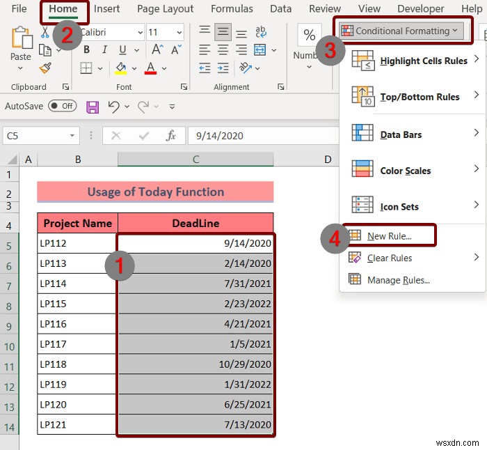 Excel में अतिदेय तिथियों पर सशर्त स्वरूपण लागू करें (3 तरीके)