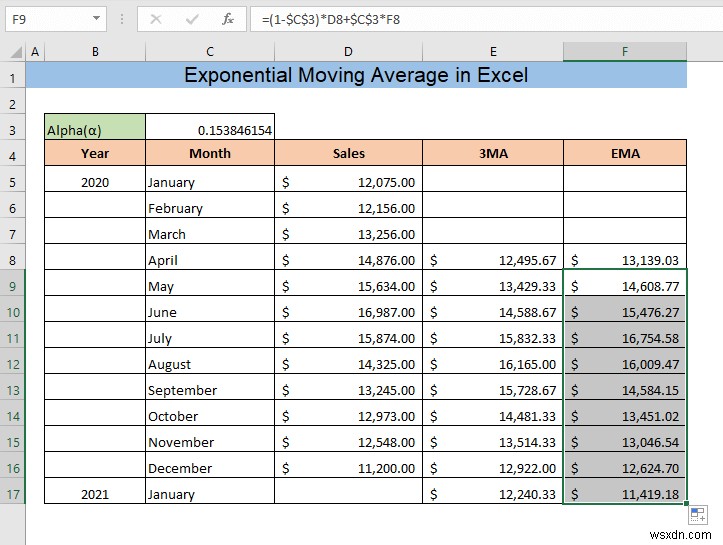 Excel में एक्सपोनेंशियल मूविंग एवरेज की गणना कैसे करें