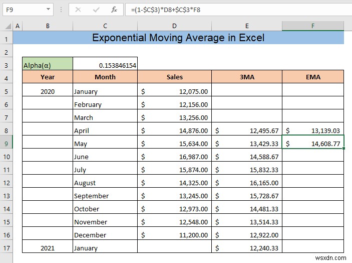 Excel में एक्सपोनेंशियल मूविंग एवरेज की गणना कैसे करें