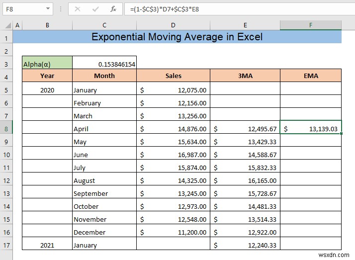 Excel में एक्सपोनेंशियल मूविंग एवरेज की गणना कैसे करें