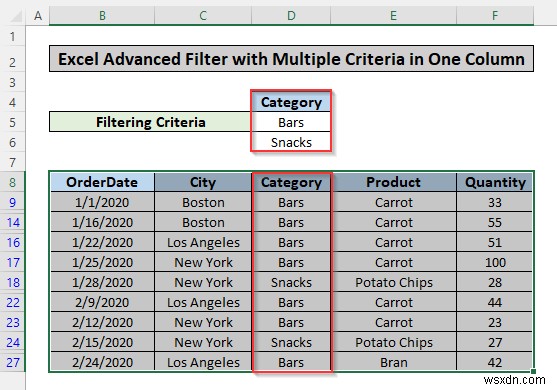 Excel में एक कॉलम में कई मानदंडों के आधार पर उन्नत फ़िल्टर लागू करें