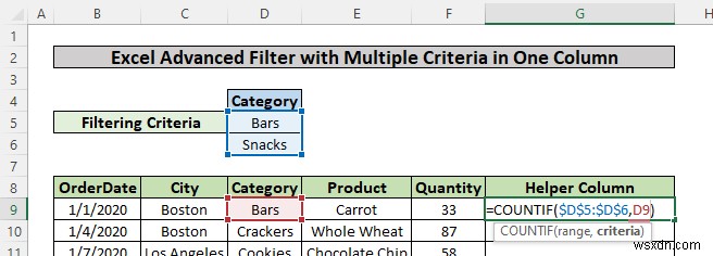 Excel में एक कॉलम में कई मानदंडों के आधार पर उन्नत फ़िल्टर लागू करें