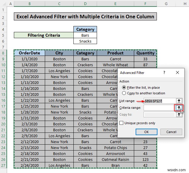 Excel में एक कॉलम में कई मानदंडों के आधार पर उन्नत फ़िल्टर लागू करें