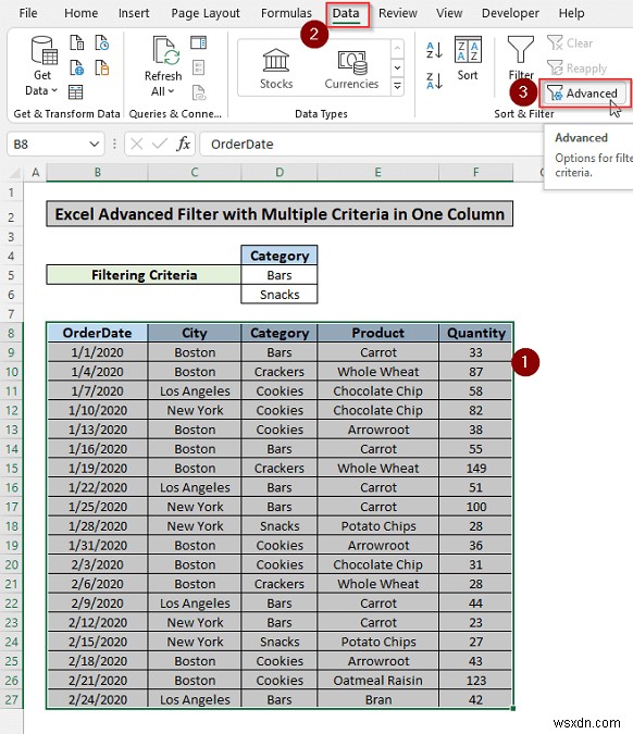 Excel में एक कॉलम में कई मानदंडों के आधार पर उन्नत फ़िल्टर लागू करें