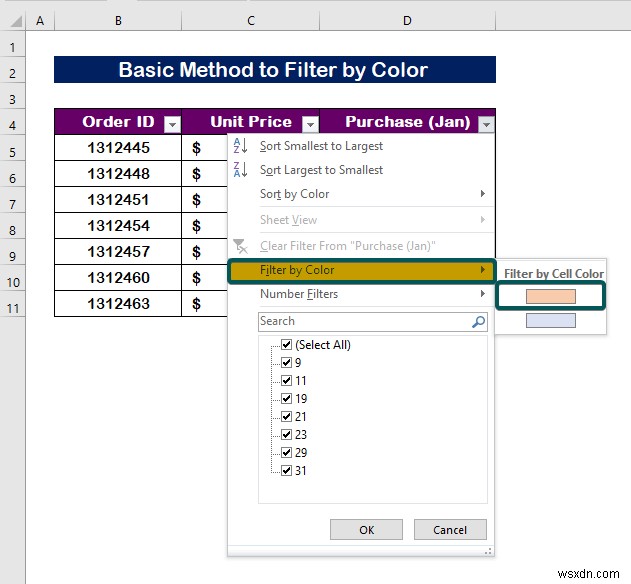 Excel में रंग के आधार पर कैसे फ़िल्टर करें (2 उदाहरण)