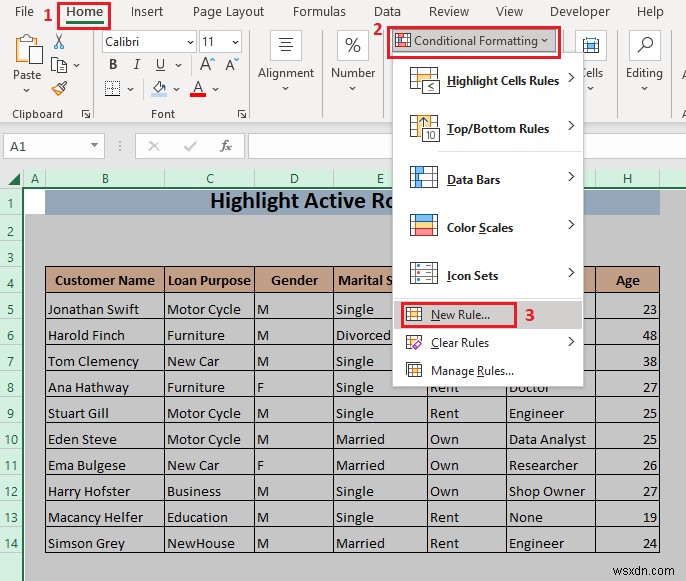 Excel में एक्टिव रो को हाईलाइट कैसे करें (3 तरीके)