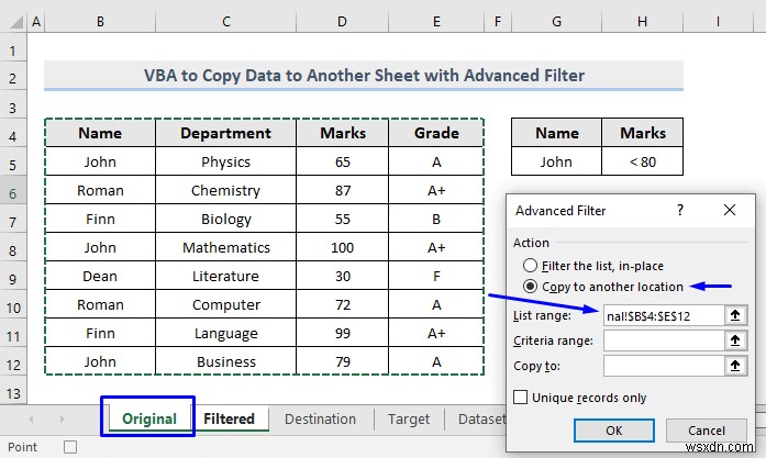 VBA डेटा को एक्सेल में उन्नत फ़िल्टर के साथ किसी अन्य शीट पर कॉपी करने के लिए