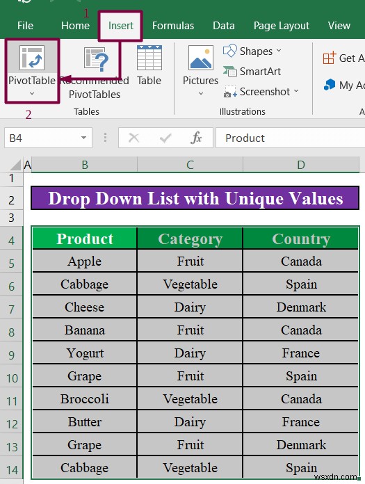 Excel में अद्वितीय मानों के साथ ड्रॉप डाउन सूची कैसे बनाएं (4 तरीके)