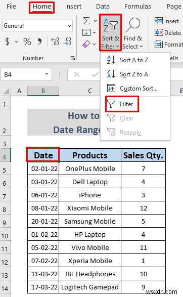 Excel में दिनांक सीमा को कैसे फ़िल्टर करें (5 आसान तरीके)