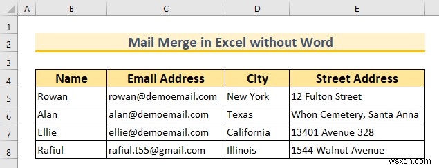बिना वर्ड के एक्सेल में मेल मर्ज (2 उपयुक्त तरीके)