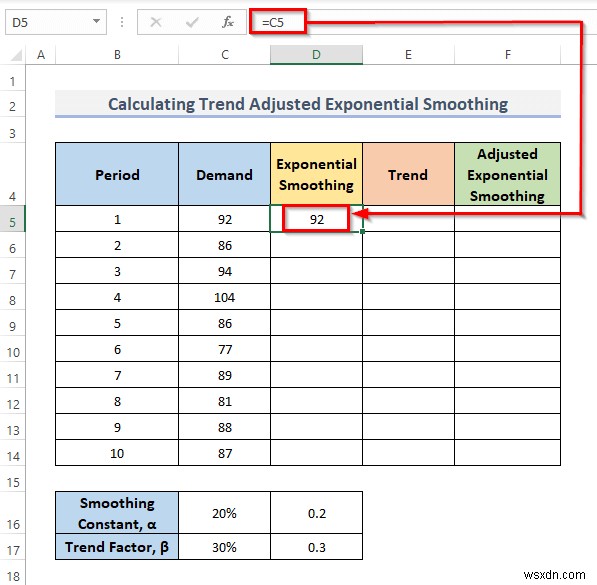 Excel में ट्रेंड एडजस्टेड एक्सपोनेंशियल स्मूथिंग की गणना कैसे करें