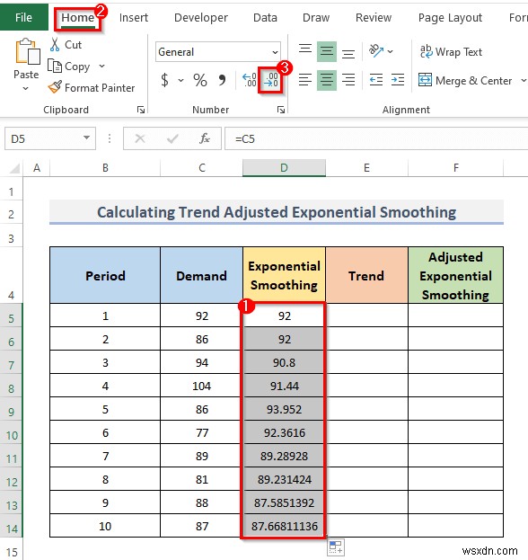 Excel में ट्रेंड एडजस्टेड एक्सपोनेंशियल स्मूथिंग की गणना कैसे करें