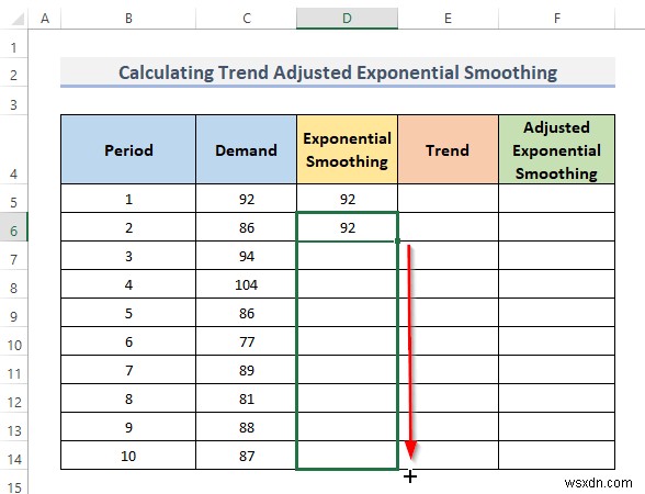 Excel में ट्रेंड एडजस्टेड एक्सपोनेंशियल स्मूथिंग की गणना कैसे करें