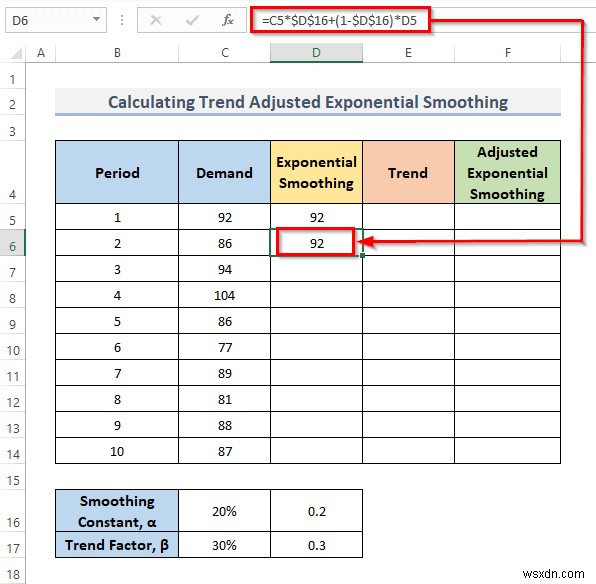 Excel में ट्रेंड एडजस्टेड एक्सपोनेंशियल स्मूथिंग की गणना कैसे करें