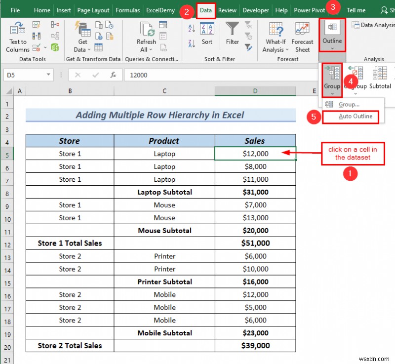 Excel में पंक्ति पदानुक्रम कैसे जोड़ें (2 आसान तरीके)