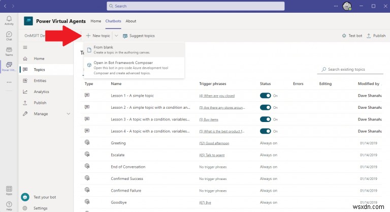 Microsoft Teams पर अपने Power Virtual Agents चैटबॉट के लिए विषय कैसे बनाएं और संपादित करें