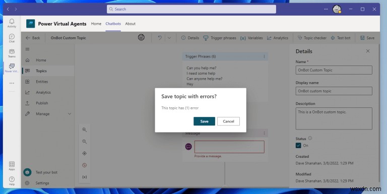 Microsoft Teams पर अपने Power Virtual Agents चैटबॉट के लिए विषय कैसे बनाएं और संपादित करें