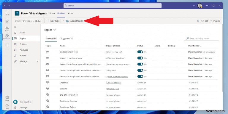 Microsoft Teams पर अपने Power Virtual Agents चैटबॉट के लिए विषय कैसे बनाएं और संपादित करें