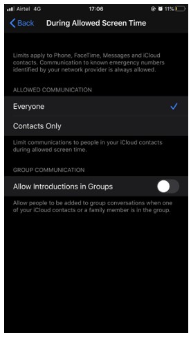 संचार सीमाएं:iPhone (iOS 13.3) पर  स्क्रीन समय  में नवीनतम सुविधा